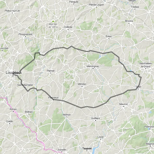 Miniature de la carte de l'inspiration cycliste "Boucle à vélo de Loudéac" dans la Bretagne, France. Générée par le planificateur d'itinéraire cycliste Tarmacs.app