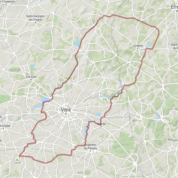 Miniature de la carte de l'inspiration cycliste "Aventures Gravel autour de La Chapelle-Erbrée" dans la Bretagne, France. Générée par le planificateur d'itinéraire cycliste Tarmacs.app