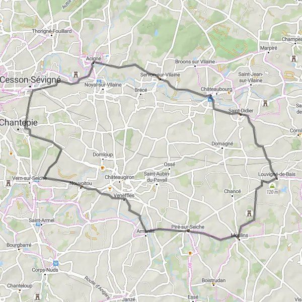 Miniature de la carte de l'inspiration cycliste "Tour des Châteaux de Piré-sur-Seiche et Acigné" dans la Bretagne, France. Générée par le planificateur d'itinéraire cycliste Tarmacs.app