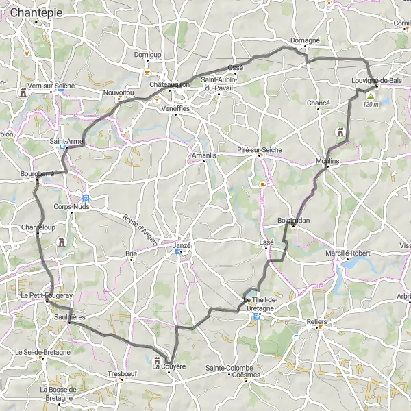 Map miniature of "Scenic Road Cycling Loop through Bourgbarré and Châteaugiron" cycling inspiration in Bretagne, France. Generated by Tarmacs.app cycling route planner