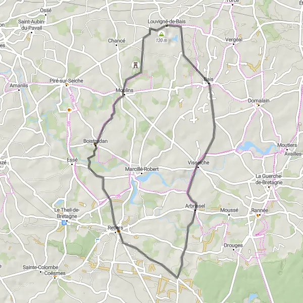 Miniature de la carte de l'inspiration cycliste "Tour Pittoresque autour de Boistrudan" dans la Bretagne, France. Générée par le planificateur d'itinéraire cycliste Tarmacs.app
