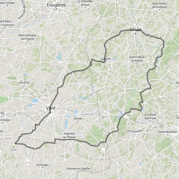 Miniature de la carte de l'inspiration cycliste "Randonnée à travers Ernée et Argentré-du-Plessis" dans la Bretagne, France. Générée par le planificateur d'itinéraire cycliste Tarmacs.app