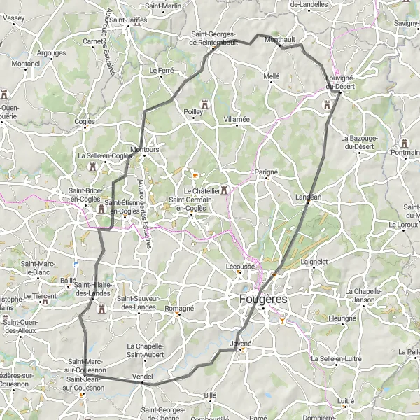 Map miniature of "The Landéan Loop" cycling inspiration in Bretagne, France. Generated by Tarmacs.app cycling route planner