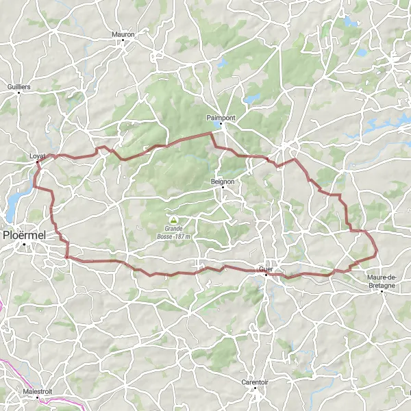 Miniature de la carte de l'inspiration cycliste "Parcours gravel vers le Manoir de la Cour" dans la Bretagne, France. Générée par le planificateur d'itinéraire cycliste Tarmacs.app