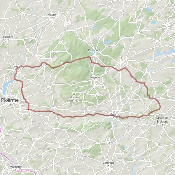 Map miniature of "Loyat and Val Sans Retour Gravel Route" cycling inspiration in Bretagne, France. Generated by Tarmacs.app cycling route planner