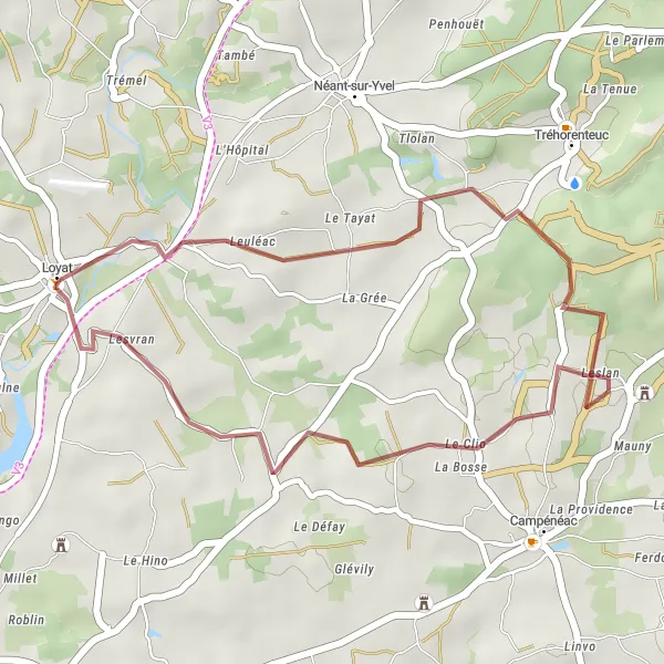 Map miniature of "Gravel Cycling Route from Loyat" cycling inspiration in Bretagne, France. Generated by Tarmacs.app cycling route planner