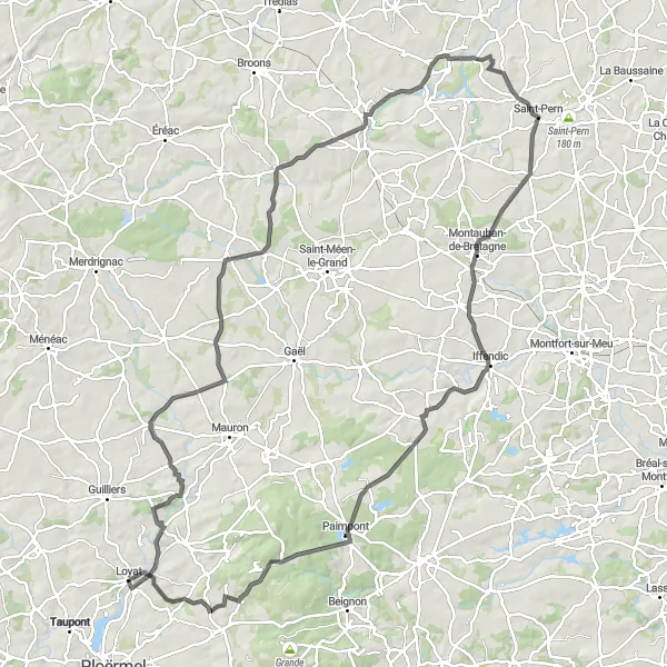 Map miniature of "Road Cycling Route from Loyat" cycling inspiration in Bretagne, France. Generated by Tarmacs.app cycling route planner