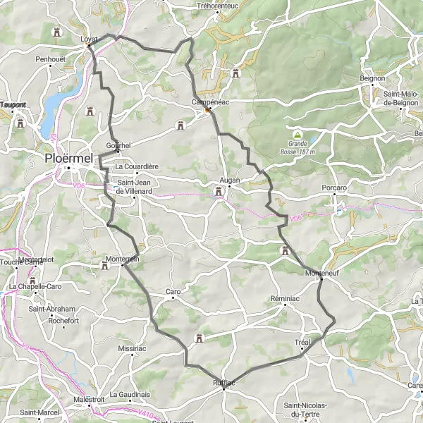 Map miniature of "Loyat and Monteneuf Scenic Road Cycling Route" cycling inspiration in Bretagne, France. Generated by Tarmacs.app cycling route planner