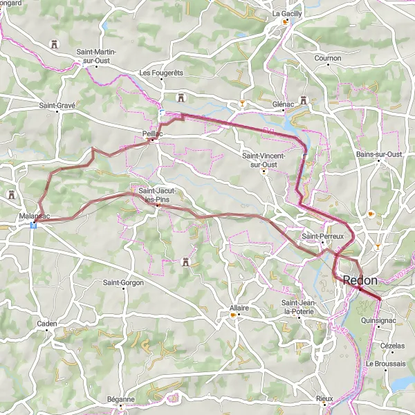 Miniature de la carte de l'inspiration cycliste "Randonnée gravel au départ de Malansac" dans la Bretagne, France. Générée par le planificateur d'itinéraire cycliste Tarmacs.app