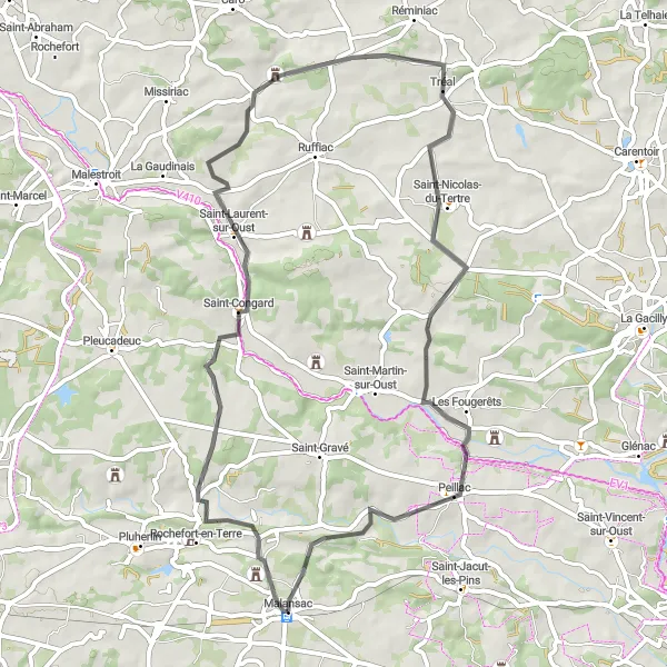 Miniature de la carte de l'inspiration cycliste "Boucle à vélo pittoresque autour de Malansac" dans la Bretagne, France. Générée par le planificateur d'itinéraire cycliste Tarmacs.app