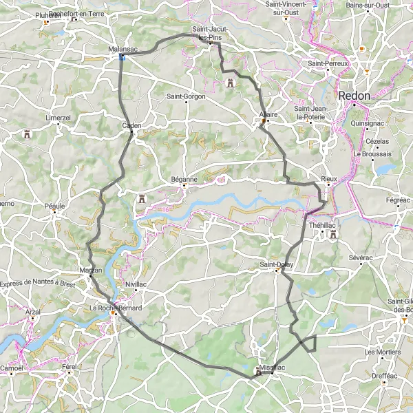 Map miniature of "Malansac Loop" cycling inspiration in Bretagne, France. Generated by Tarmacs.app cycling route planner