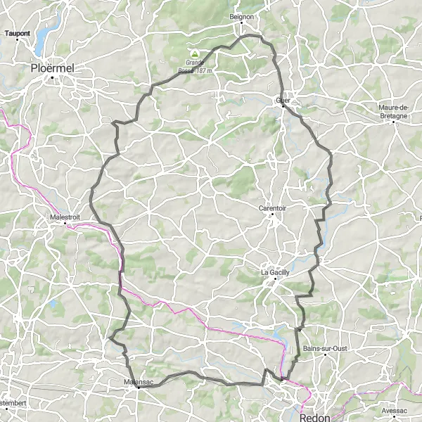 Miniature de la carte de l'inspiration cycliste "Boucle de Malansac et ses environs" dans la Bretagne, France. Générée par le planificateur d'itinéraire cycliste Tarmacs.app