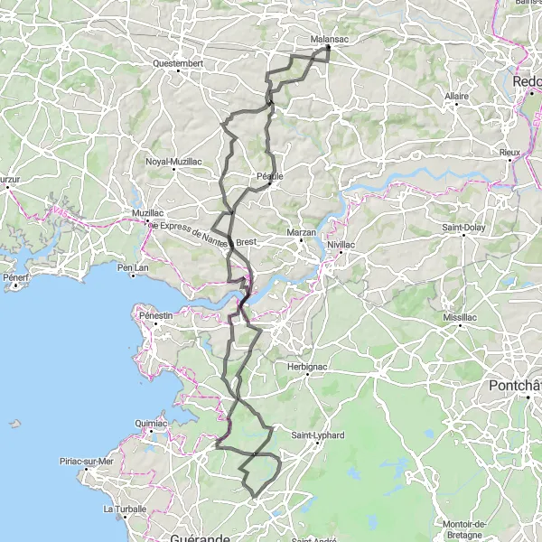 Miniature de la carte de l'inspiration cycliste "Boucle côtière de Malansac" dans la Bretagne, France. Générée par le planificateur d'itinéraire cycliste Tarmacs.app