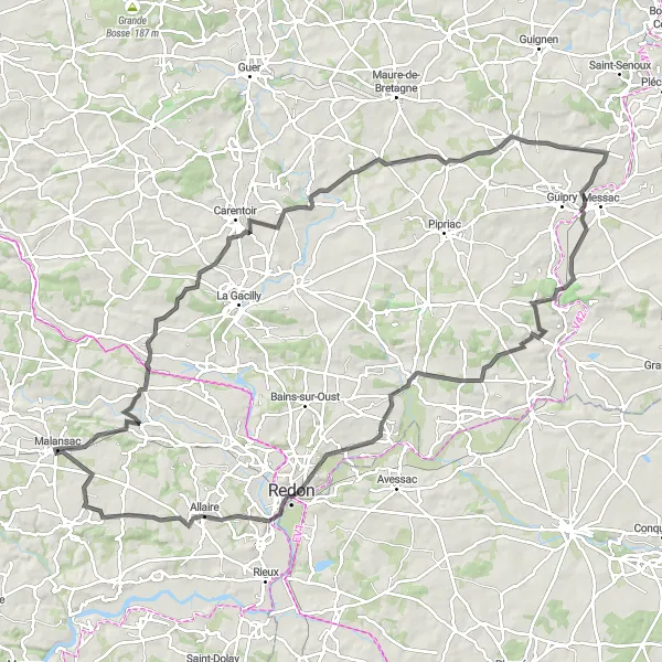Miniature de la carte de l'inspiration cycliste "Aventure à vélo à la découverte du patrimoine autour de Malansac" dans la Bretagne, France. Générée par le planificateur d'itinéraire cycliste Tarmacs.app