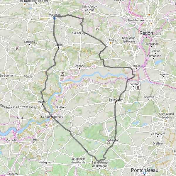 Miniature de la carte de l'inspiration cycliste "Escapade à vélo entre Malansac et Caden" dans la Bretagne, France. Générée par le planificateur d'itinéraire cycliste Tarmacs.app