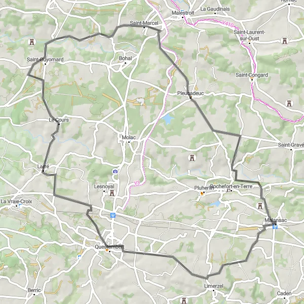 Miniature de la carte de l'inspiration cycliste "Parcours pittoresque autour de Malansac" dans la Bretagne, France. Générée par le planificateur d'itinéraire cycliste Tarmacs.app