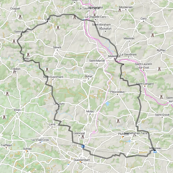 Miniature de la carte de l'inspiration cycliste "Parcours cycliste riche en découverte autour de Malansac" dans la Bretagne, France. Générée par le planificateur d'itinéraire cycliste Tarmacs.app
