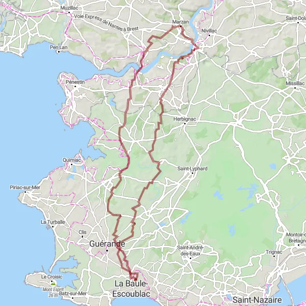 Miniature de la carte de l'inspiration cycliste "Circuit Gravel de Marzan" dans la Bretagne, France. Générée par le planificateur d'itinéraire cycliste Tarmacs.app