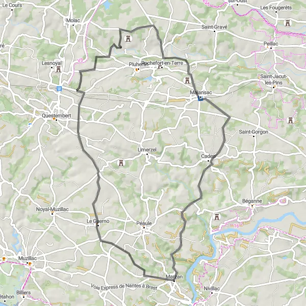 Map miniature of "Le Guerno Loop" cycling inspiration in Bretagne, France. Generated by Tarmacs.app cycling route planner