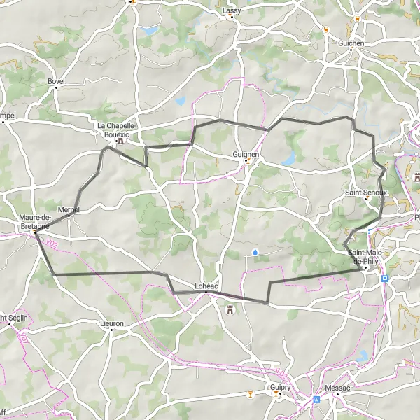 Map miniature of "Road route from Maure-de-Bretagne to Lohéac" cycling inspiration in Bretagne, France. Generated by Tarmacs.app cycling route planner