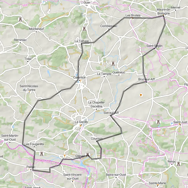 Map miniature of "Sixt-sur-Aff Scenic Route" cycling inspiration in Bretagne, France. Generated by Tarmacs.app cycling route planner