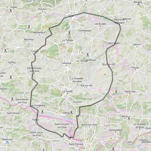Miniature de la carte de l'inspiration cycliste "Balade à travers les campagnes bretonnes" dans la Bretagne, France. Générée par le planificateur d'itinéraire cycliste Tarmacs.app