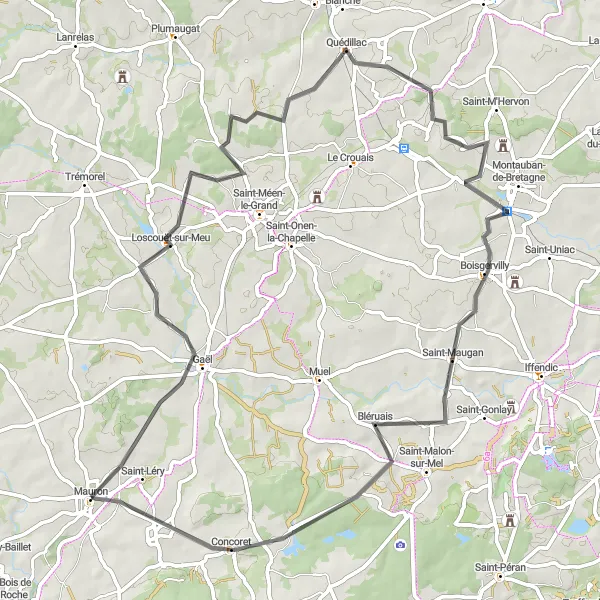 Map miniature of "Experience the Tranquility of Loscouët-sur-Meu and Concoret" cycling inspiration in Bretagne, France. Generated by Tarmacs.app cycling route planner