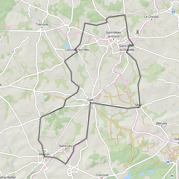 Miniature de la carte de l'inspiration cycliste "Itinéraire routier de Loscouët-sur-Meu" dans la Bretagne, France. Générée par le planificateur d'itinéraire cycliste Tarmacs.app
