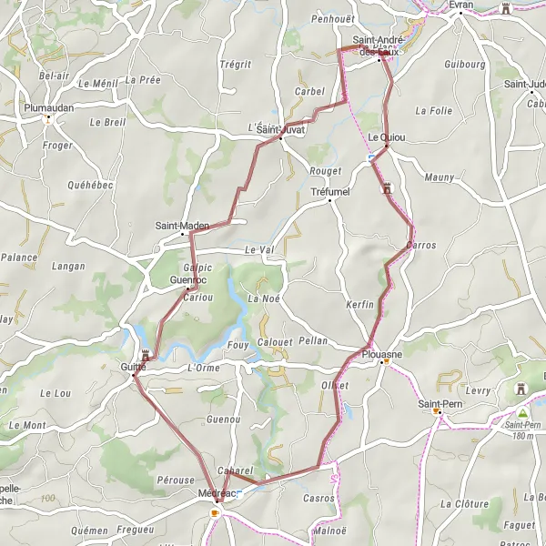 Miniature de la carte de l'inspiration cycliste "Exploration des chemins de traverse" dans la Bretagne, France. Générée par le planificateur d'itinéraire cycliste Tarmacs.app