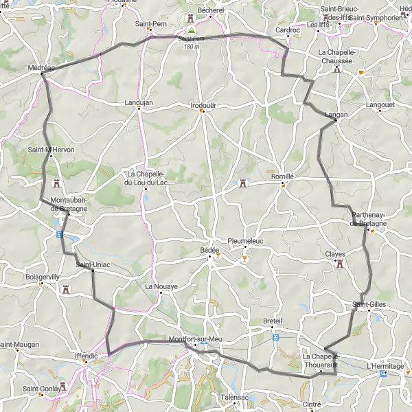 Miniature de la carte de l'inspiration cycliste "Au cœur de la Bretagne" dans la Bretagne, France. Générée par le planificateur d'itinéraire cycliste Tarmacs.app