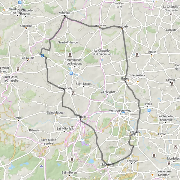 Miniature de la carte de l'inspiration cycliste "Boucle Médréac - Landujan" dans la Bretagne, France. Générée par le planificateur d'itinéraire cycliste Tarmacs.app