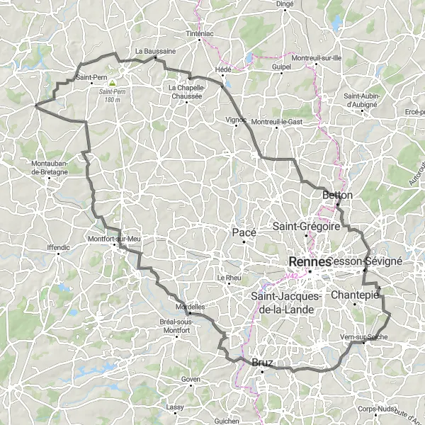 Miniature de la carte de l'inspiration cycliste "Itinéraire Médréac - Le Lou-du-Lac" dans la Bretagne, France. Générée par le planificateur d'itinéraire cycliste Tarmacs.app