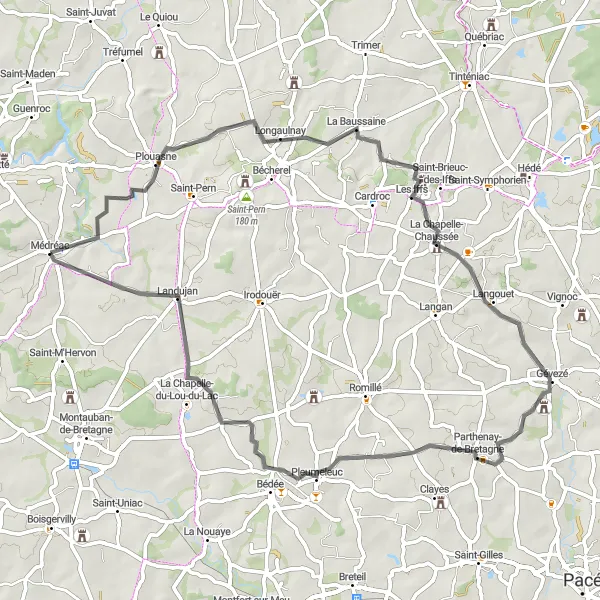 Miniature de la carte de l'inspiration cycliste "Tour Médréac - La Baussaine" dans la Bretagne, France. Générée par le planificateur d'itinéraire cycliste Tarmacs.app