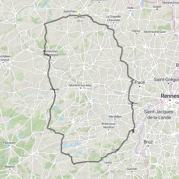 Miniature de la carte de l'inspiration cycliste "Circuit Médréac - La Grande Bouexière" dans la Bretagne, France. Générée par le planificateur d'itinéraire cycliste Tarmacs.app