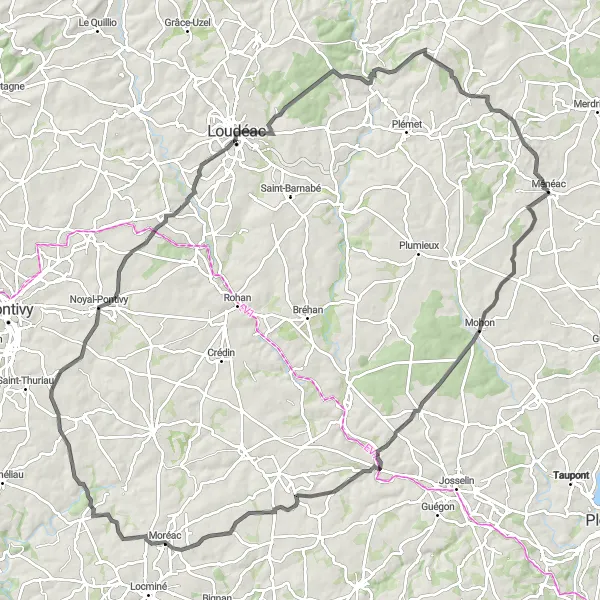 Miniature de la carte de l'inspiration cycliste "Aventure rurale de Ménéac à Loudéac" dans la Bretagne, France. Générée par le planificateur d'itinéraire cycliste Tarmacs.app