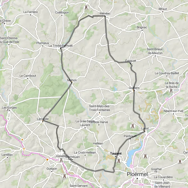Miniature de la carte de l'inspiration cycliste "Escapade pittoresque à Loyat et Taupont" dans la Bretagne, France. Générée par le planificateur d'itinéraire cycliste Tarmacs.app