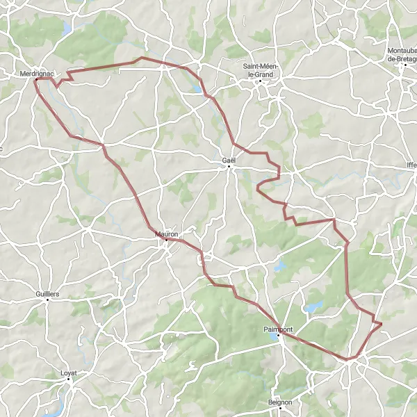 Map miniature of "Merdrignac Gravel Loop" cycling inspiration in Bretagne, France. Generated by Tarmacs.app cycling route planner