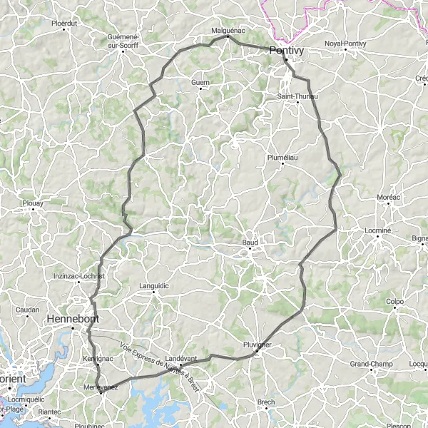 Map miniature of "La Route des Vallées" cycling inspiration in Bretagne, France. Generated by Tarmacs.app cycling route planner