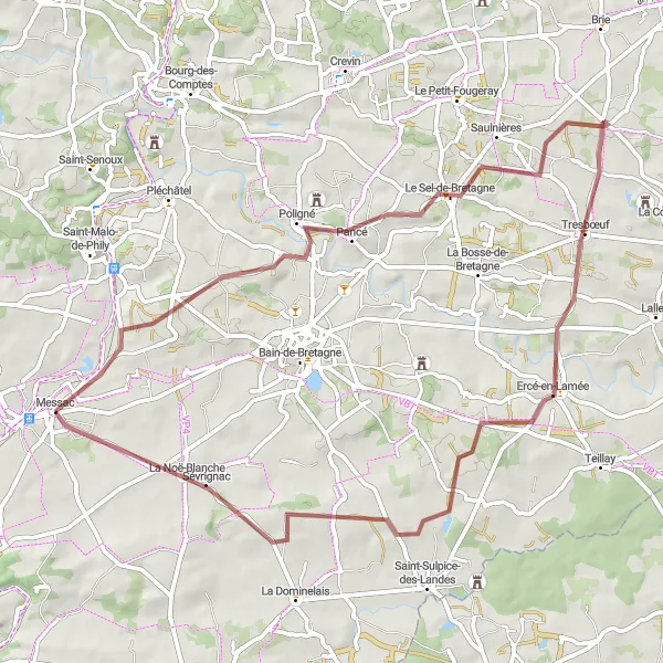 Miniature de la carte de l'inspiration cycliste "Les Chemins de Campagne de Poligné" dans la Bretagne, France. Générée par le planificateur d'itinéraire cycliste Tarmacs.app