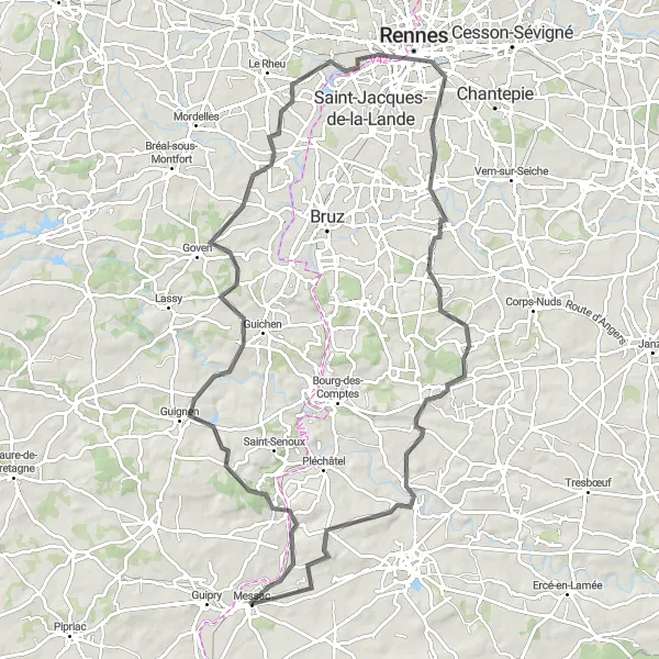 Map miniature of "Rocher d'Uzel Loop" cycling inspiration in Bretagne, France. Generated by Tarmacs.app cycling route planner