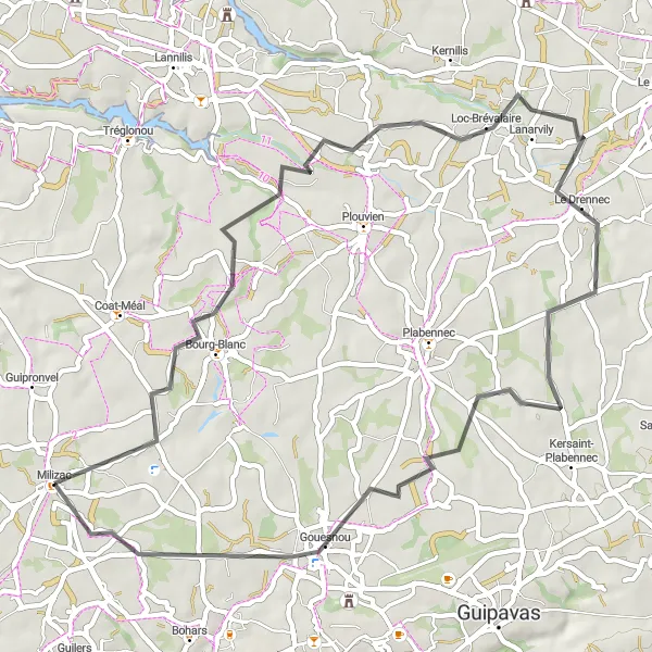 Miniature de la carte de l'inspiration cycliste "Boucle à vélo à travers la campagne (53 km)" dans la Bretagne, France. Générée par le planificateur d'itinéraire cycliste Tarmacs.app
