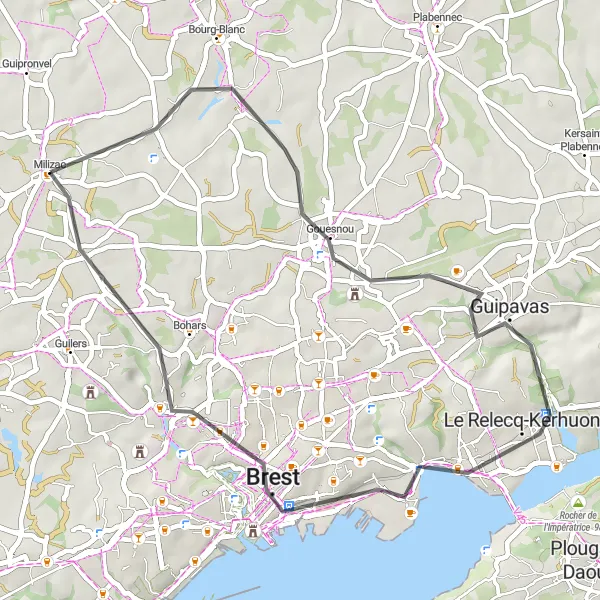 Miniature de la carte de l'inspiration cycliste "Le Charme de Le Relecq-Kerhuon" dans la Bretagne, France. Générée par le planificateur d'itinéraire cycliste Tarmacs.app