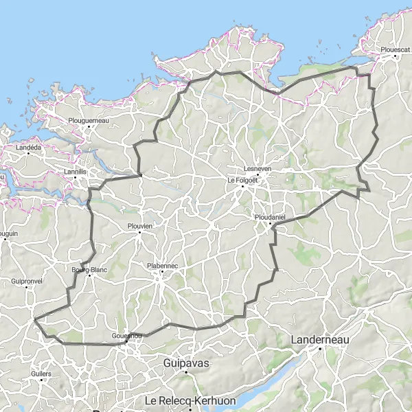 Map miniature of "Bourg-Blanc to Poulyot Adventure" cycling inspiration in Bretagne, France. Generated by Tarmacs.app cycling route planner