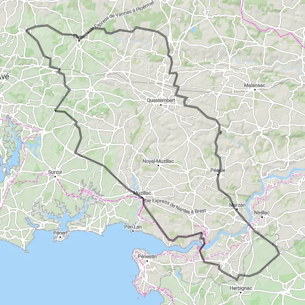 Map miniature of "Exploring the Riverside" cycling inspiration in Bretagne, France. Generated by Tarmacs.app cycling route planner