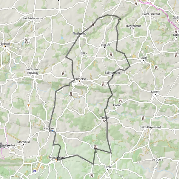 Map miniature of "The Cadoudal Challenge" cycling inspiration in Bretagne, France. Generated by Tarmacs.app cycling route planner