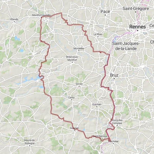 Miniature de la carte de l'inspiration cycliste "Chemin du Pont-Réan et Saint-Senoux" dans la Bretagne, France. Générée par le planificateur d'itinéraire cycliste Tarmacs.app
