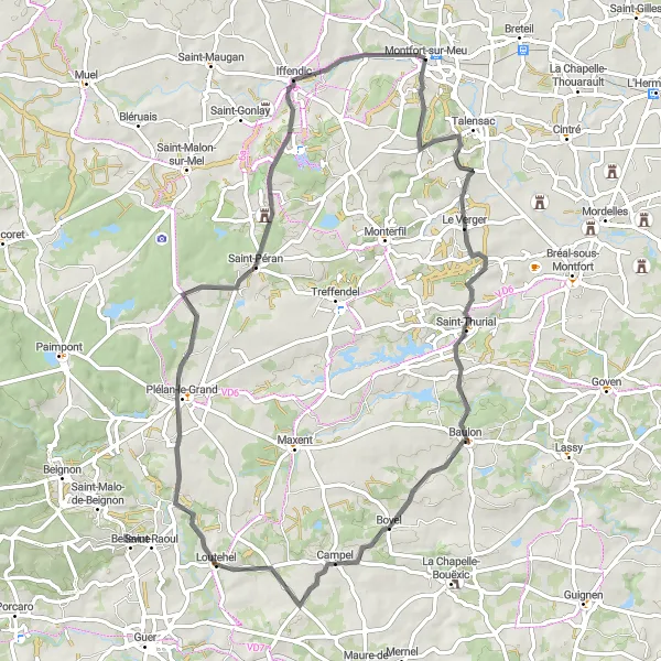 Miniature de la carte de l'inspiration cycliste "Route Talensac - Iffendic en route" dans la Bretagne, France. Générée par le planificateur d'itinéraire cycliste Tarmacs.app