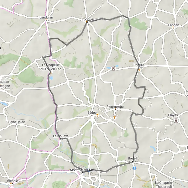 Map miniature of "The La Nouaye Ride" cycling inspiration in Bretagne, France. Generated by Tarmacs.app cycling route planner