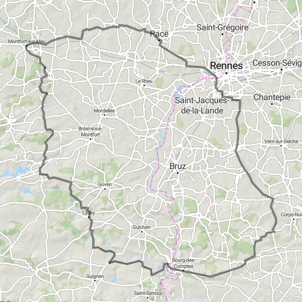 Map miniature of "Bourg-des Comptes Loop" cycling inspiration in Bretagne, France. Generated by Tarmacs.app cycling route planner
