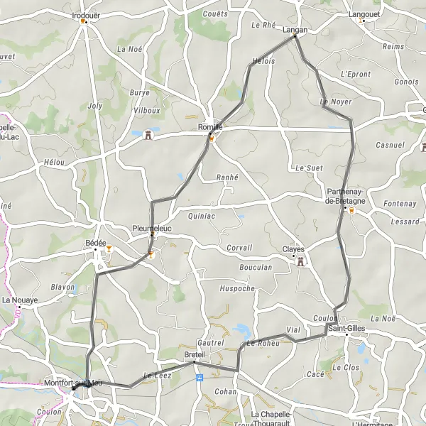 Map miniature of "Romillé Loop" cycling inspiration in Bretagne, France. Generated by Tarmacs.app cycling route planner